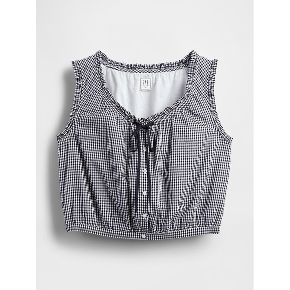 Gap x DOEN Gingham Crop Tank Top Navy Blue White Plaid Ruffle Tie Front